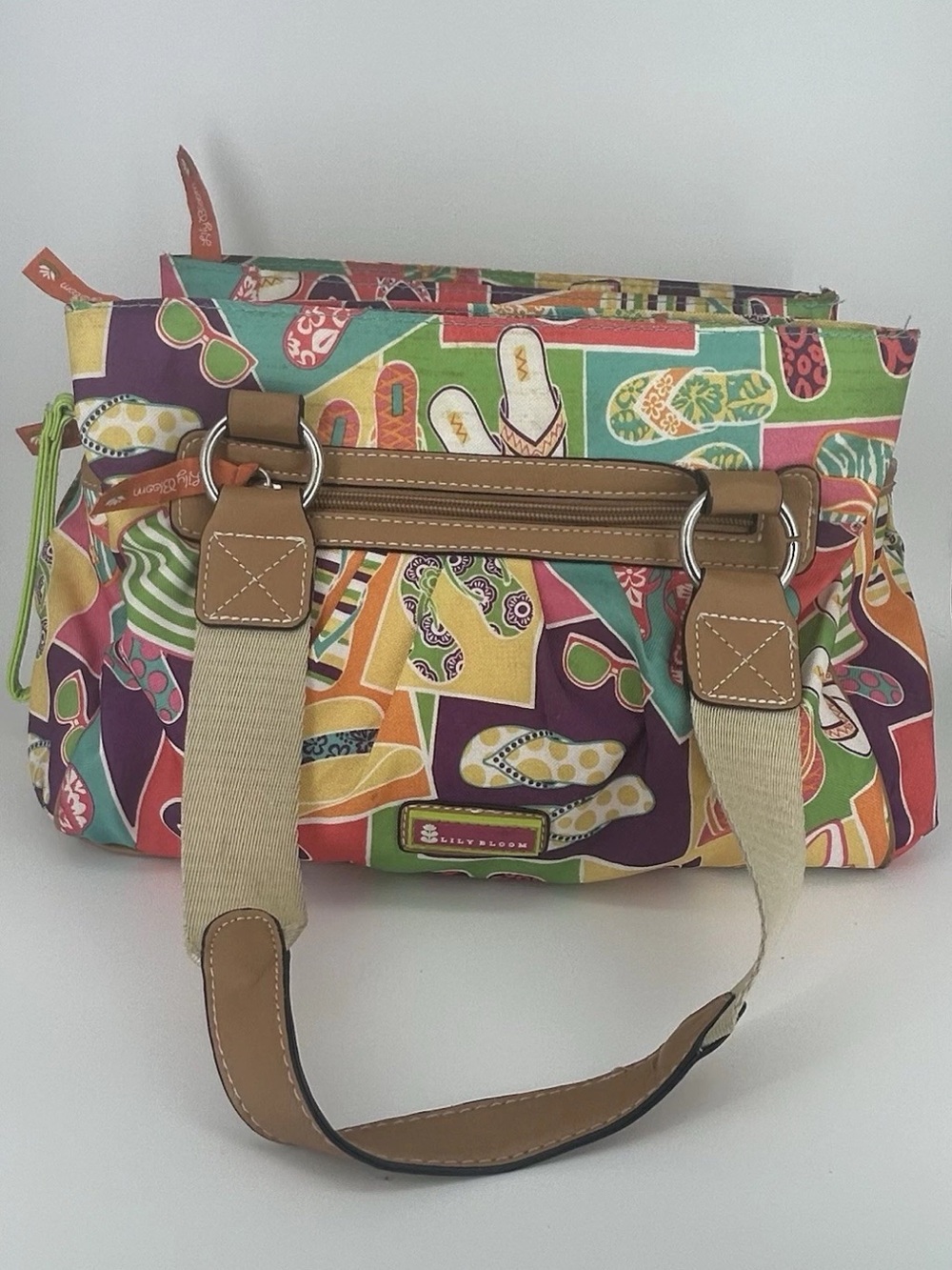 Lily Bloom Colorful Flip-Flop Print Canvas Shoulder Bag with Tan Trim